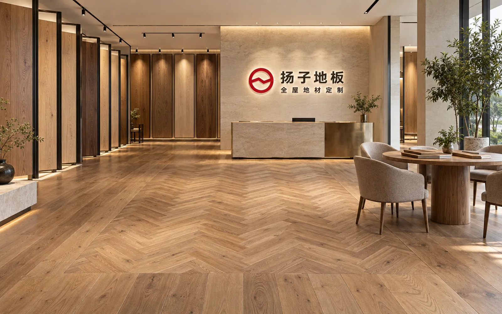扬子地板专卖店展厅,地面为人字拼铺装,两侧为地板展示墙与洽谈区